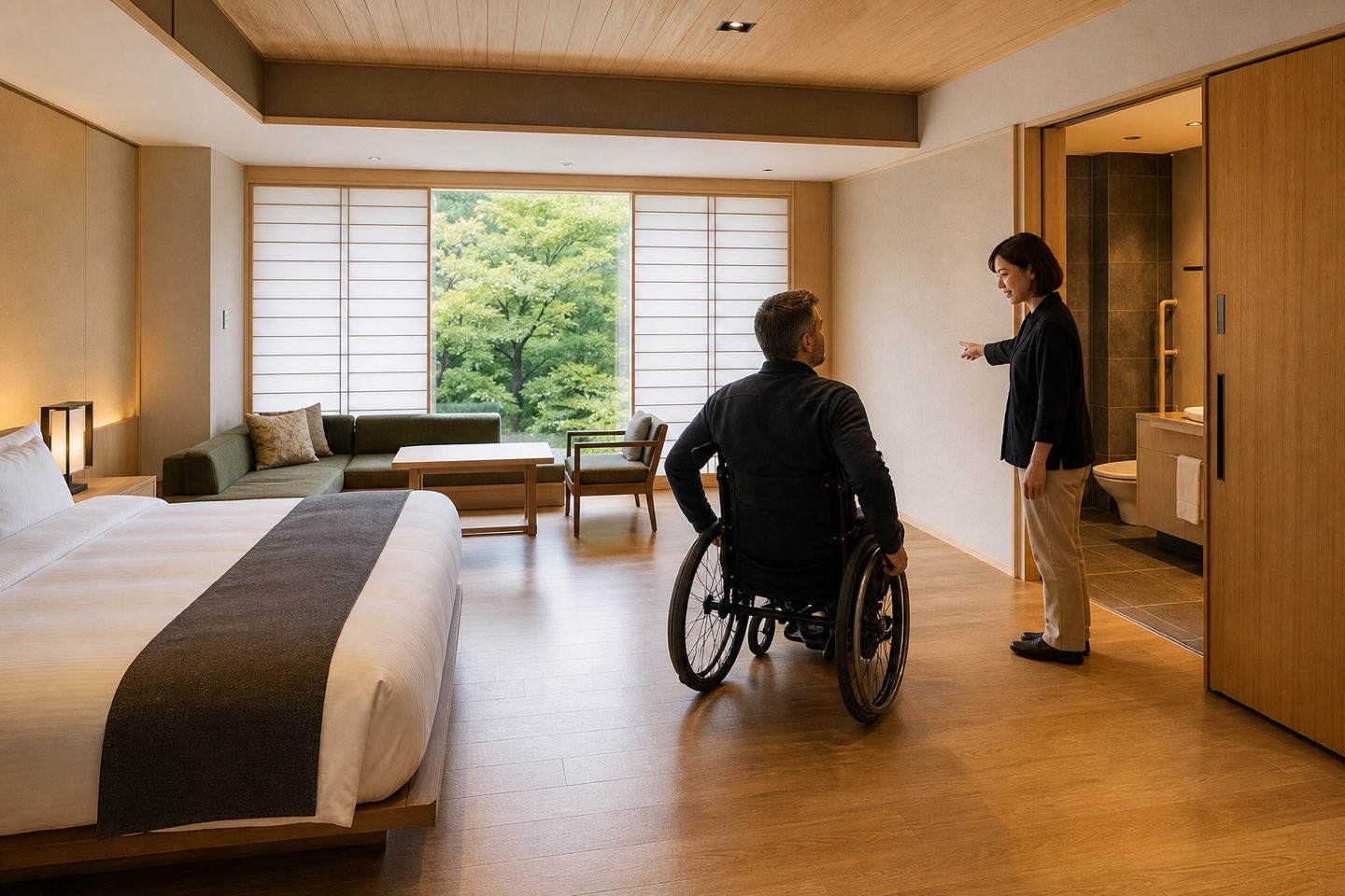 車いす利用者とホテルスタッフが客室を確認するイメージ。