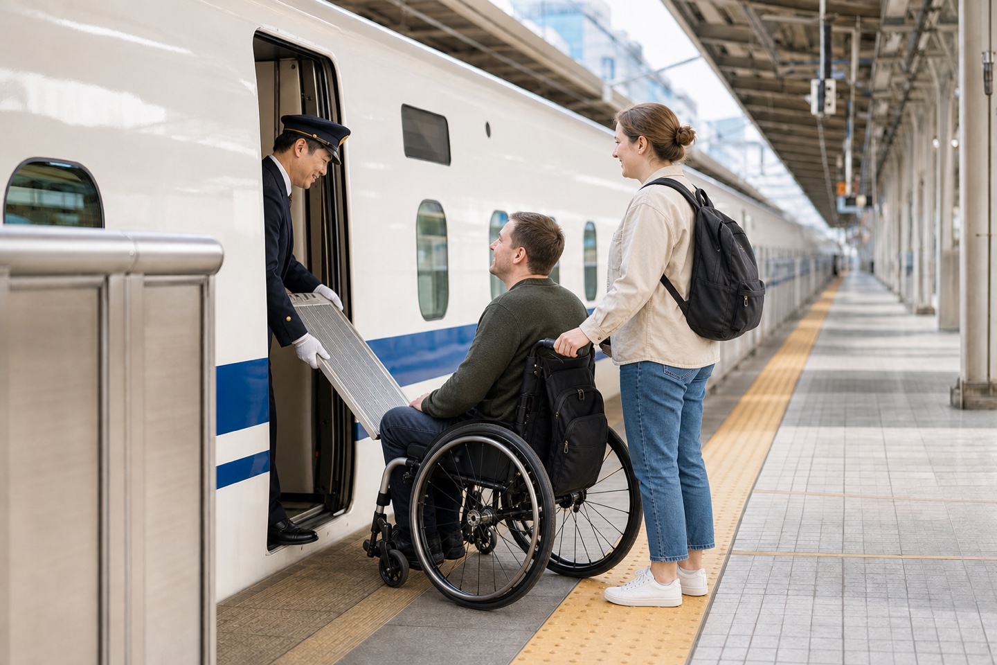 スロープを使って新幹線に乗車する車いす利用者のイメージ。