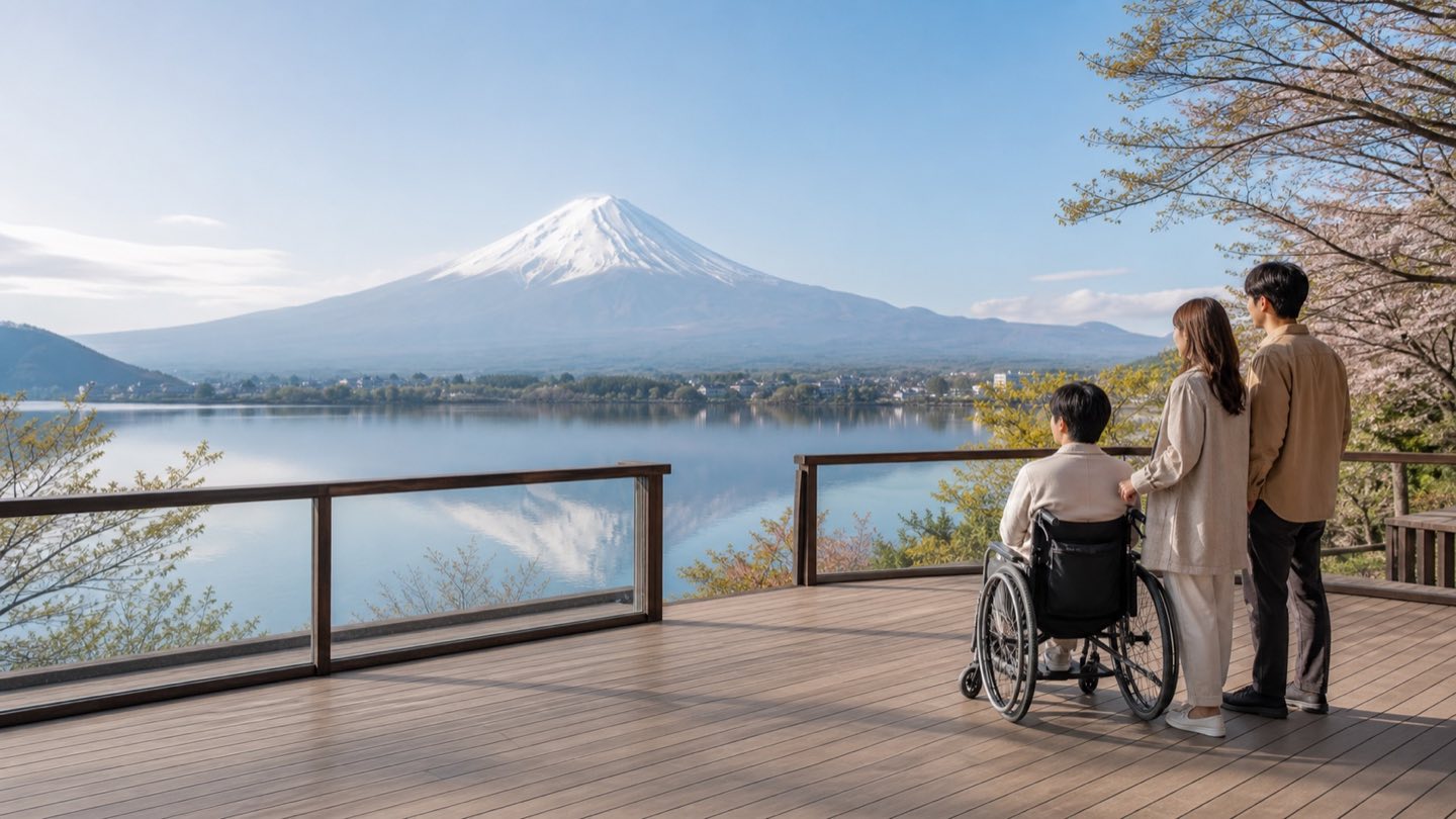 湖畔の展望エリアから富士山を眺める旅行者のイメージ。