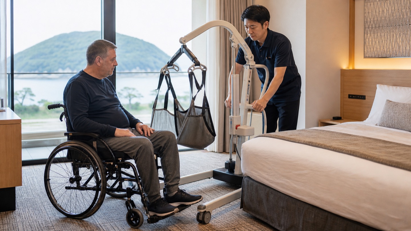 客室で移乗用リフトを準備するサポート担当者のイメージ。
